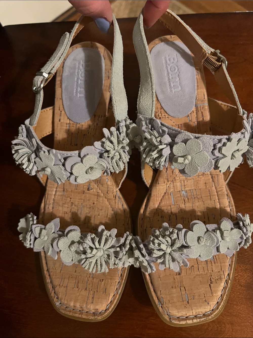 Born Springs Kheli Light Blue Floral Appliqué Suede Block Heel Sandals, NWOB - Picture 2 of 11